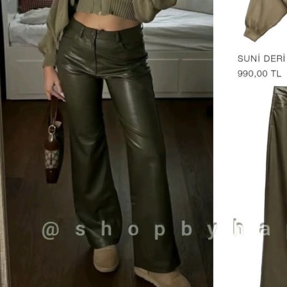 Zara High Waist Khaki Green Faux Leather Straight Wide Leg Trousers  size L , - Picture 4 of 6